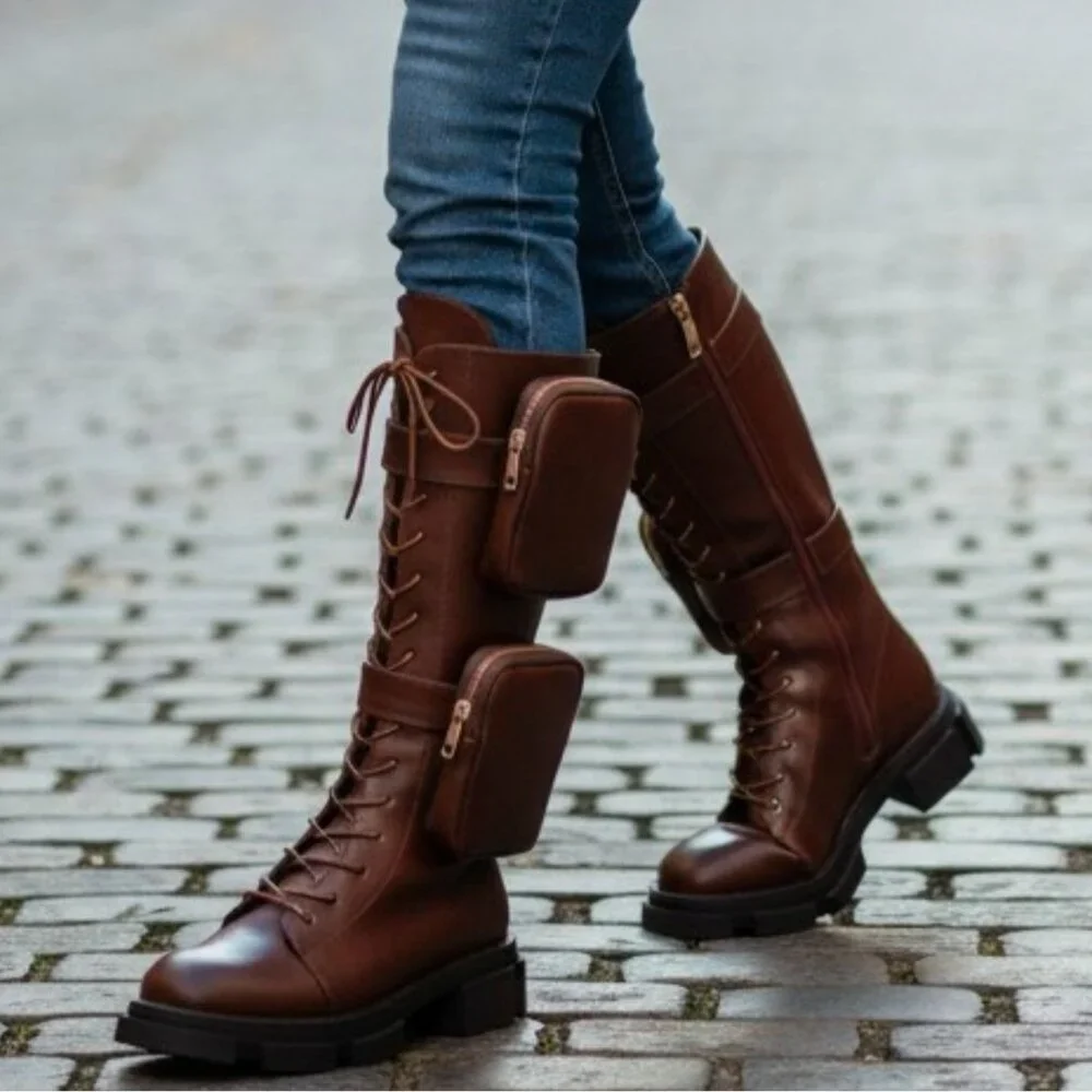 Lace-Up Wine Combat Boots With Detachable Utility Pouches & Side Zippers For Wom - Picture 3 of 12